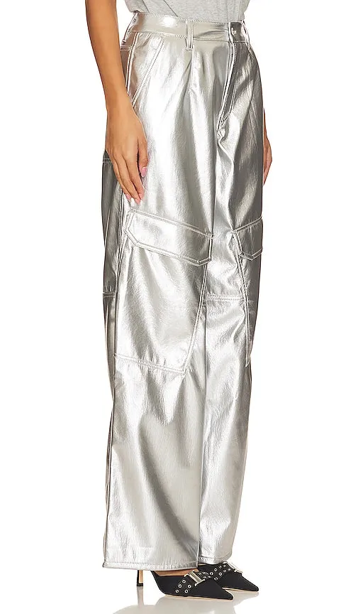 AFRM Faux Leather Wynn Cargo Pants in Metallic Silver