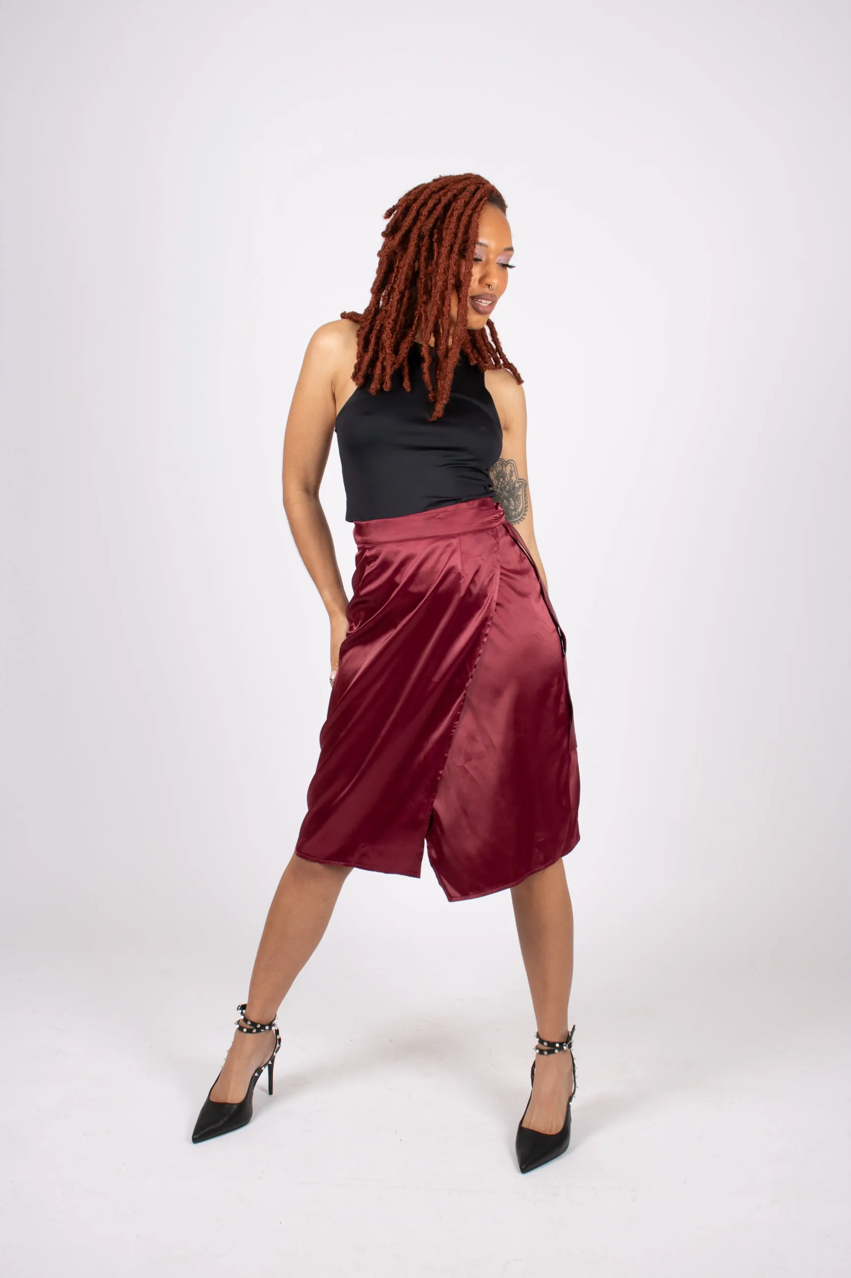 Aubergine Satin Wrap Skirt