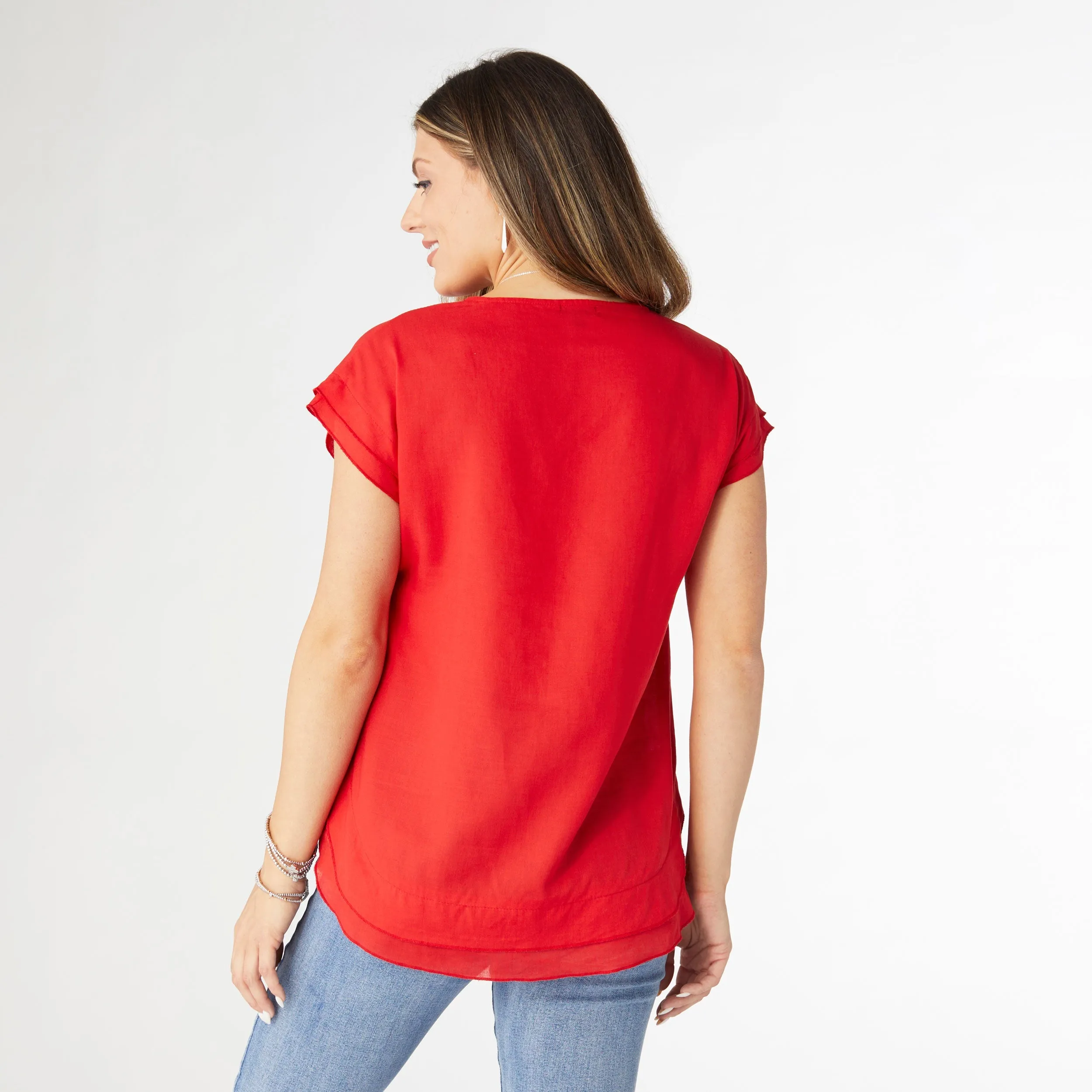 CAMELLIA CAP SLEEVE TOP WITH LAYERED BOTTOM- RED