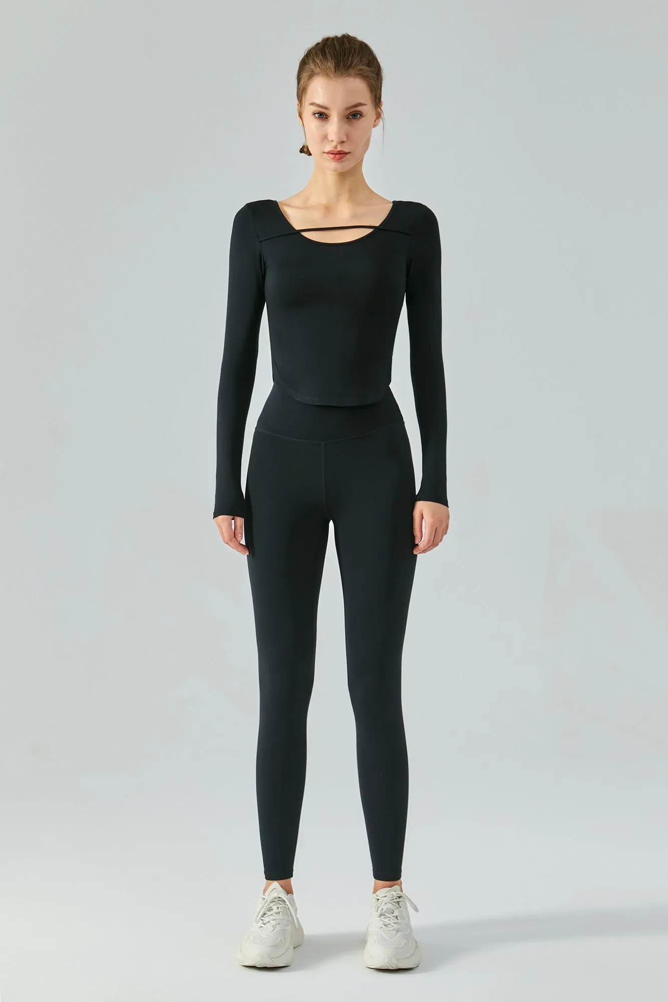 Chic Crew Neck Long Sleeve Curved Hem Tops