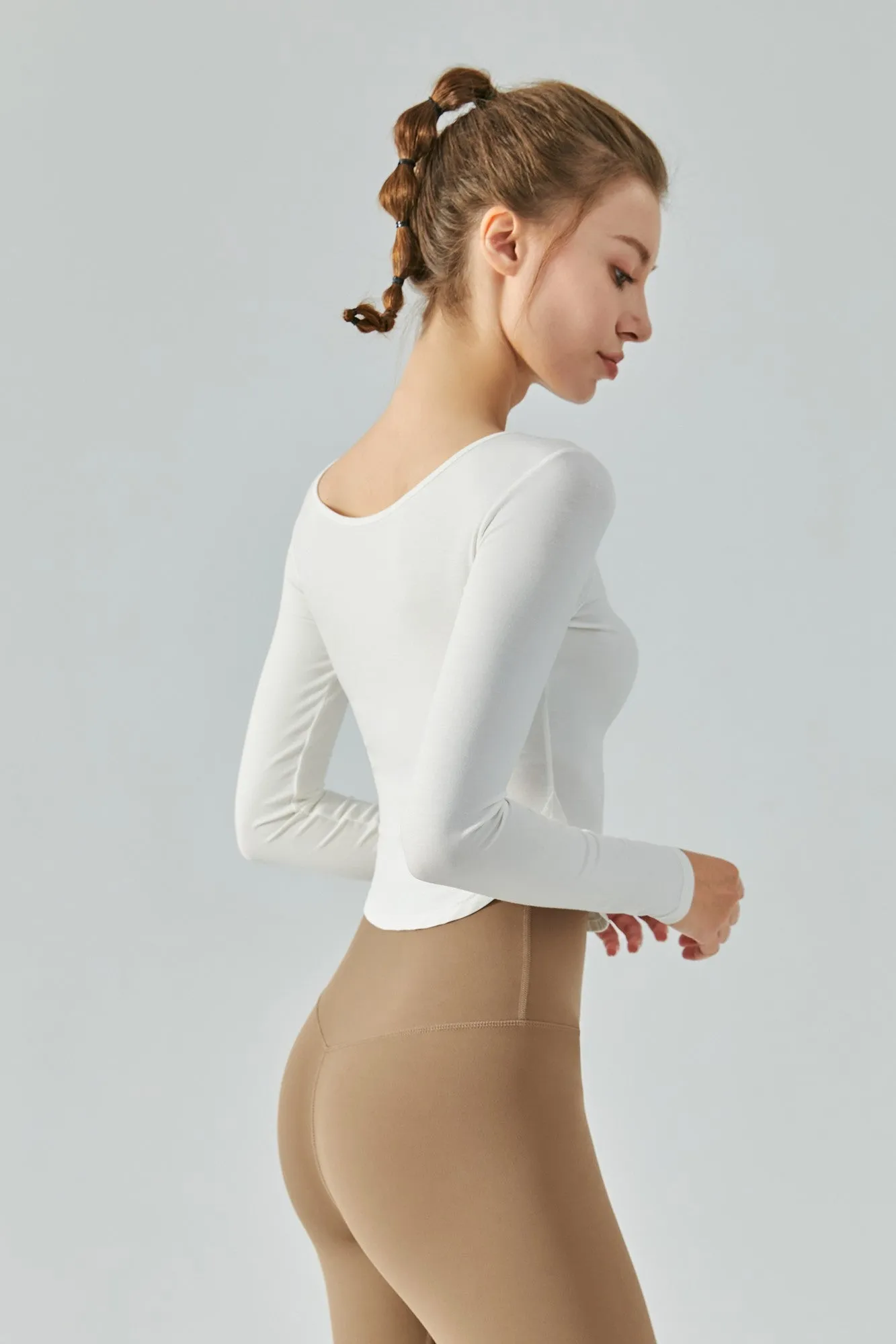 Chic Crew Neck Long Sleeve Curved Hem Tops