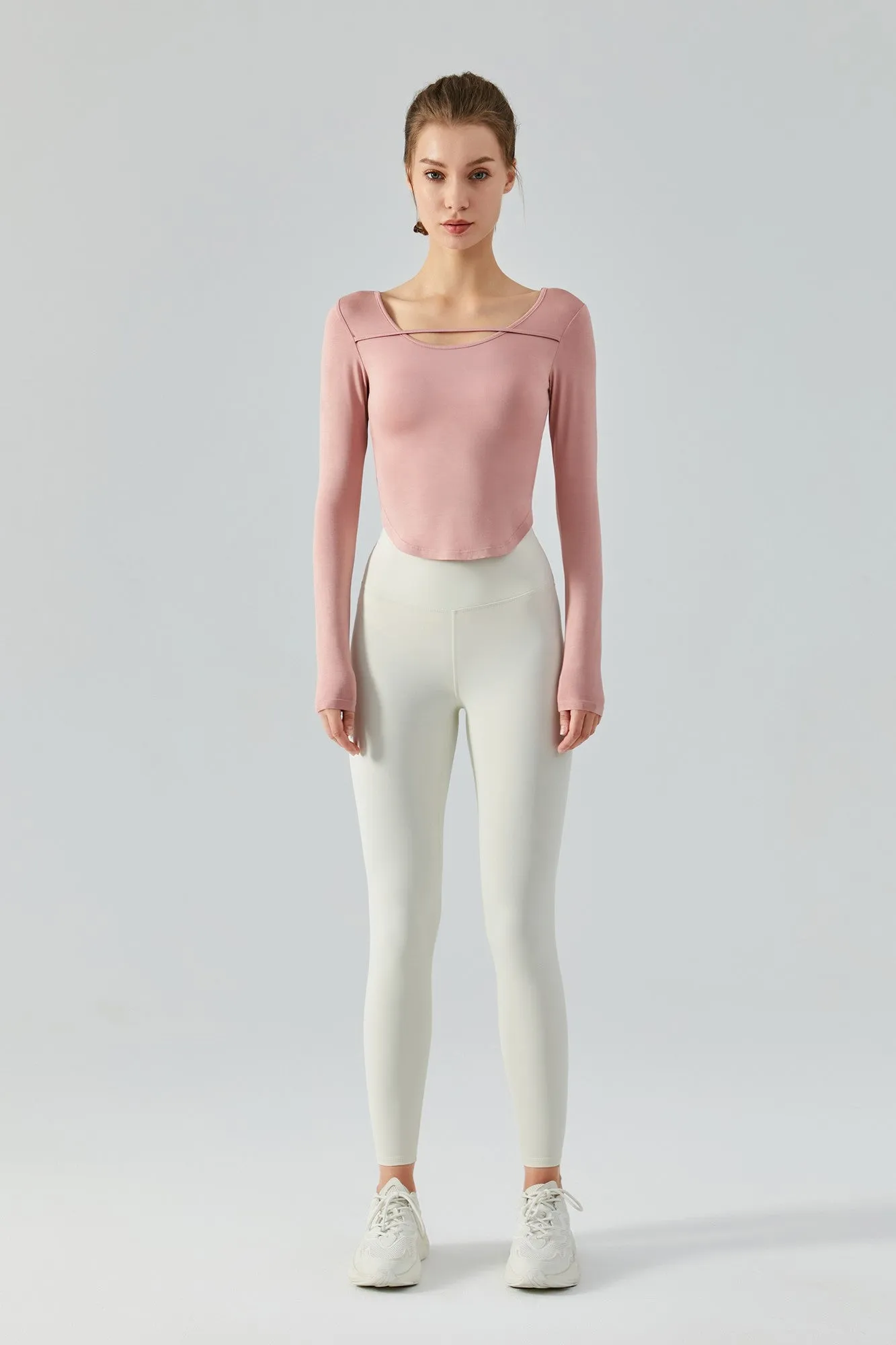 Chic Crew Neck Long Sleeve Curved Hem Tops