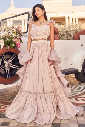 Gracy Papersatin Embellished Blouse with Gathered Skirt and Ruffle Dupatta.