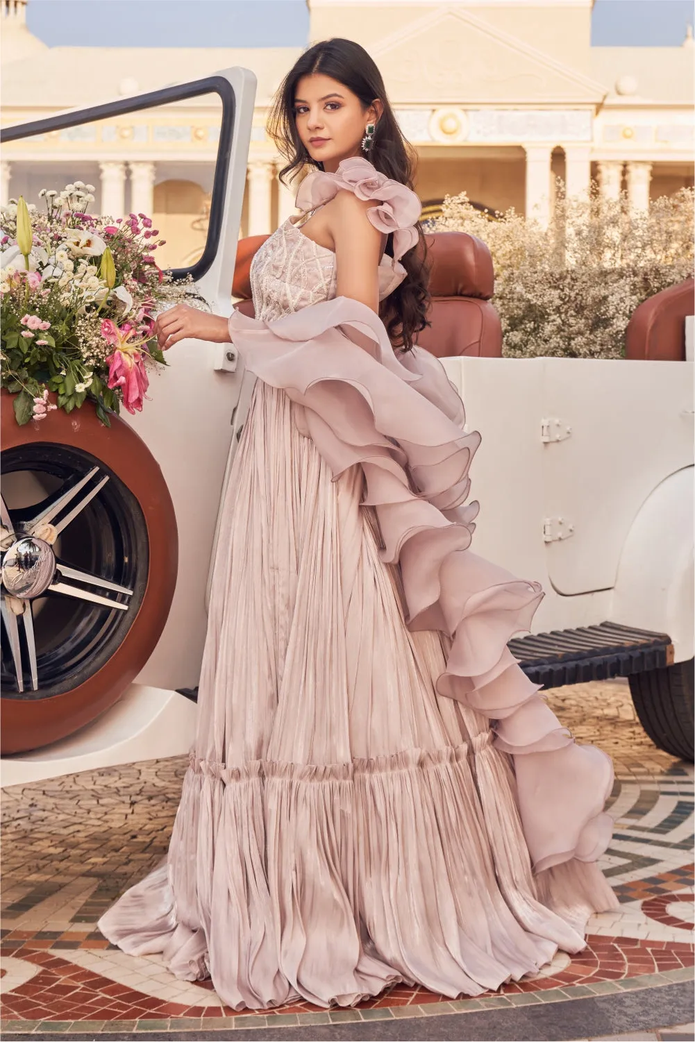 Gracy Papersatin Embellished Blouse with Gathered Skirt and Ruffle Dupatta.