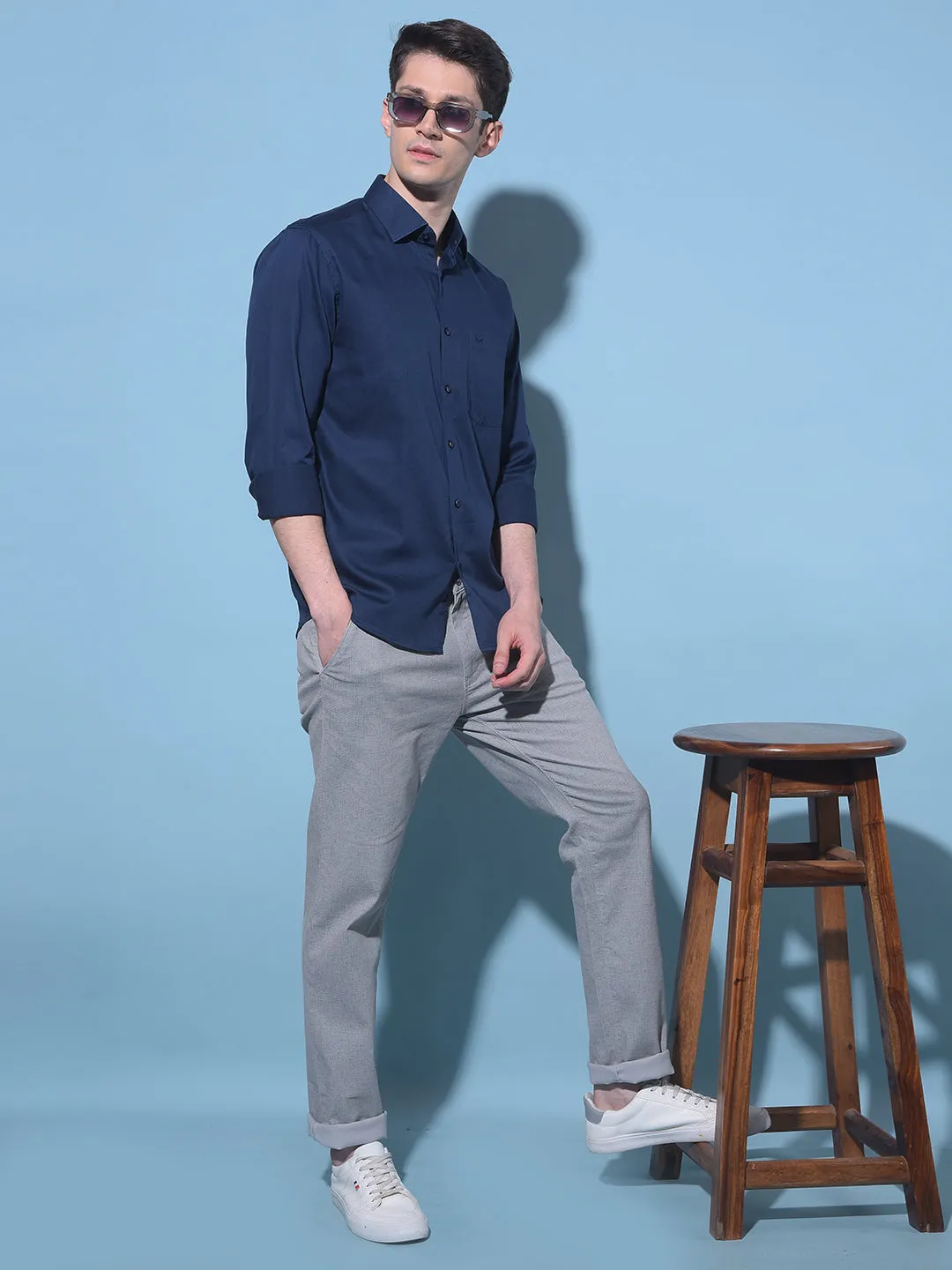 Grey Textured Printed Chinos Trousers