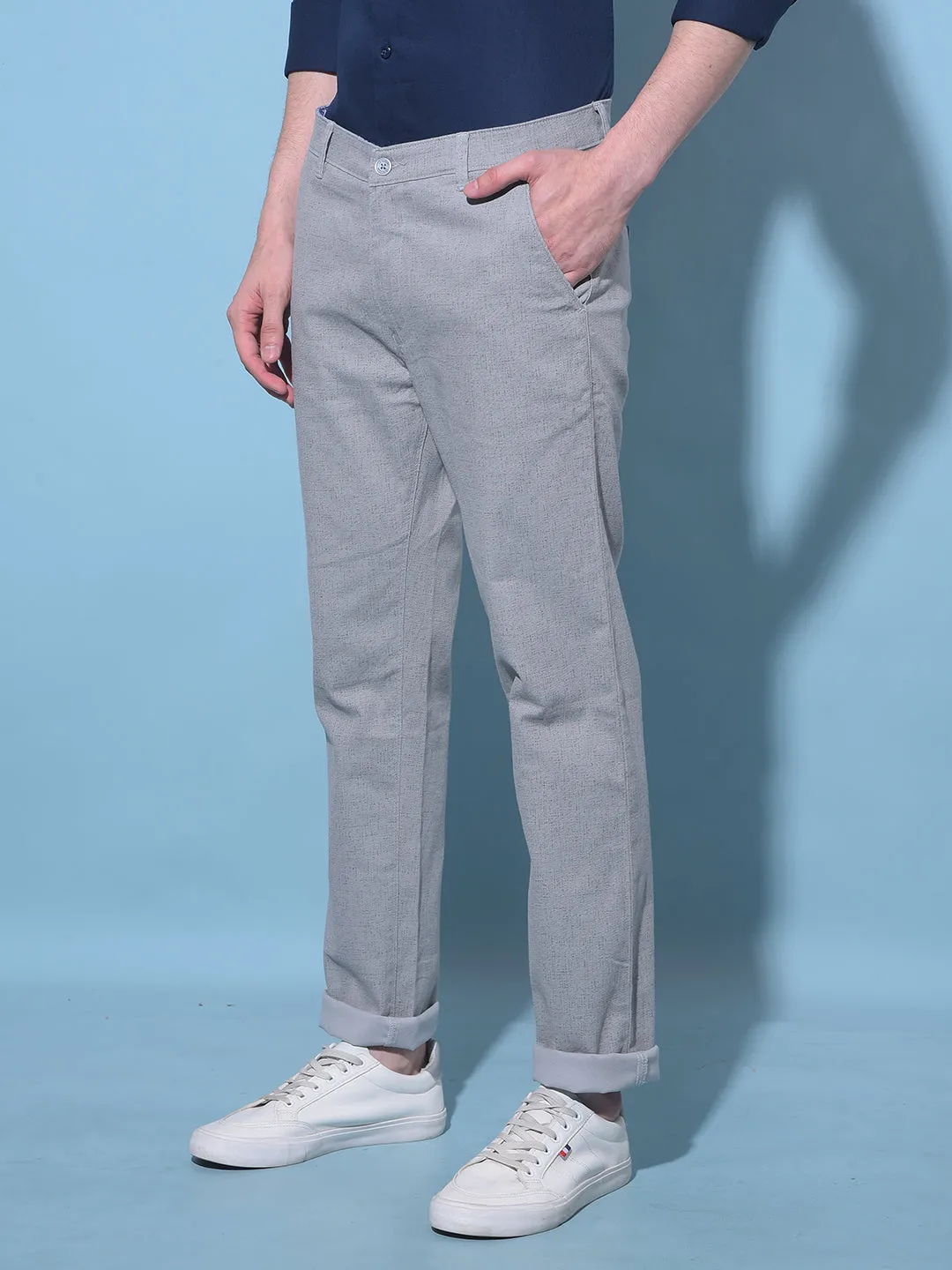 Grey Textured Printed Chinos Trousers