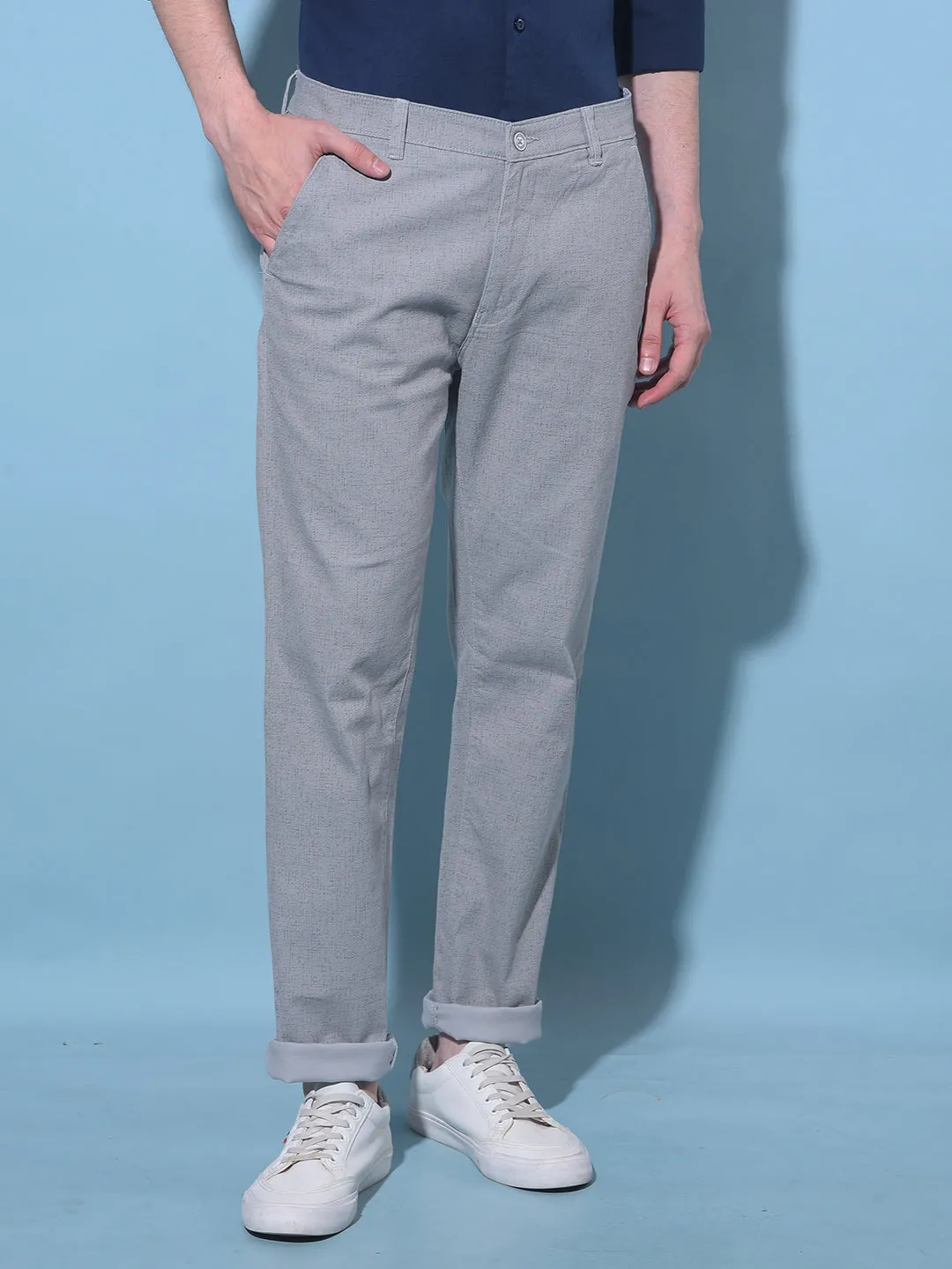 Grey Textured Printed Chinos Trousers