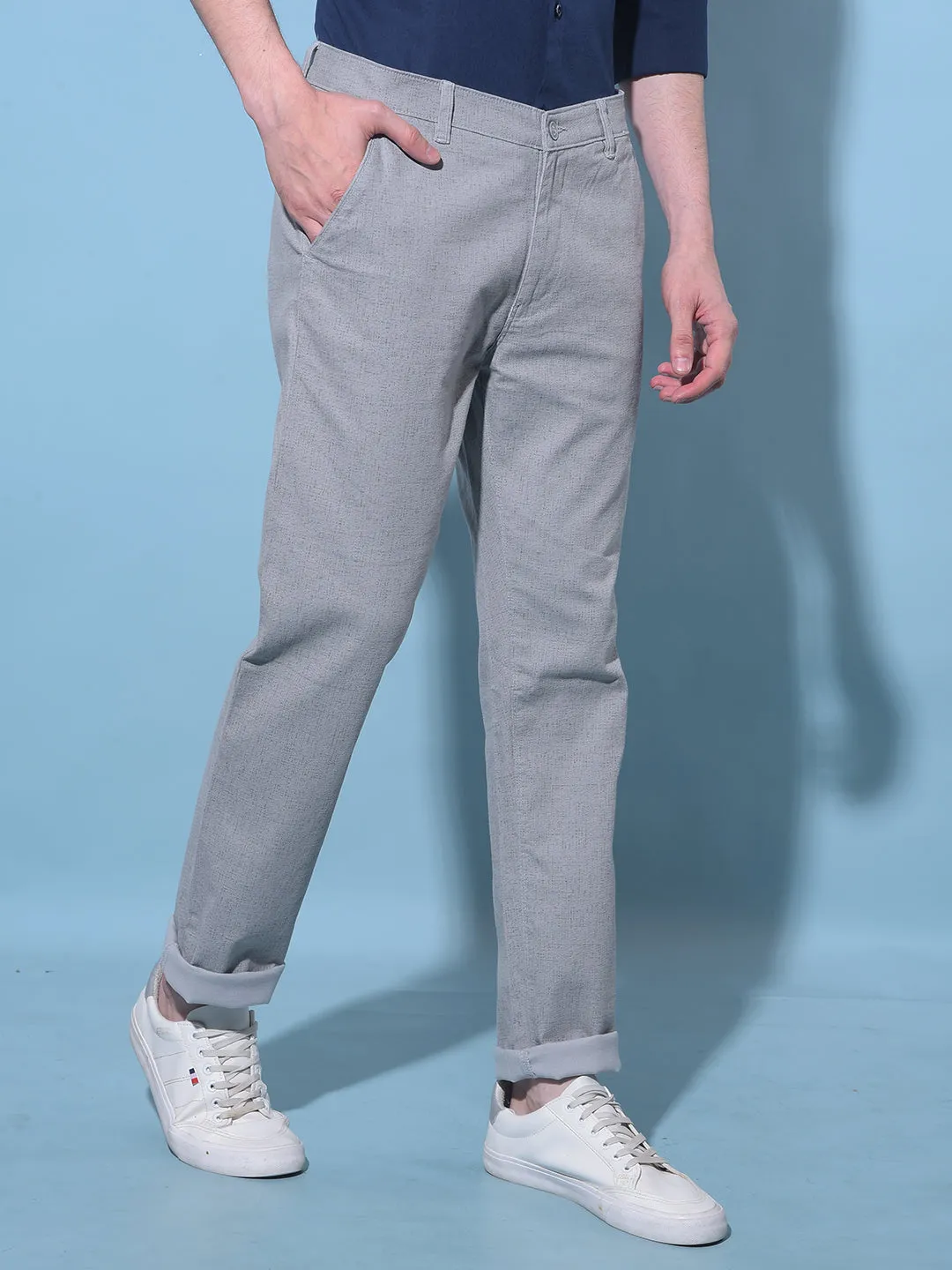 Grey Textured Printed Chinos Trousers