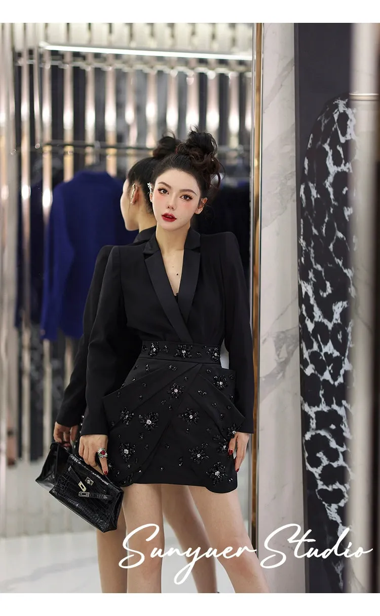 Handmade Be-jeweled stone diamonds cocktail high-waisted short black skirt - mimi