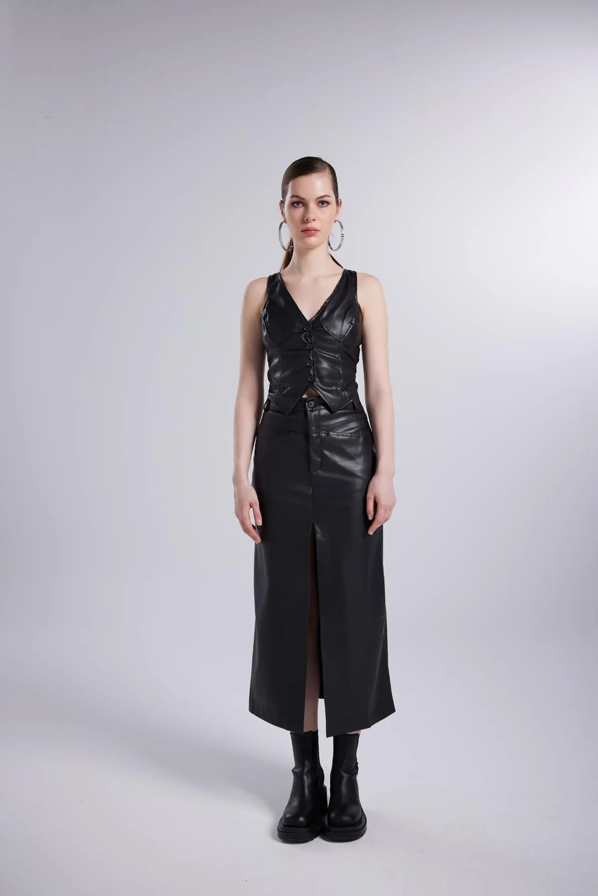 Hera Leather Deep Slits Skirt Black