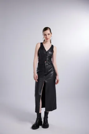 Hera Leather Deep Slits Skirt Black