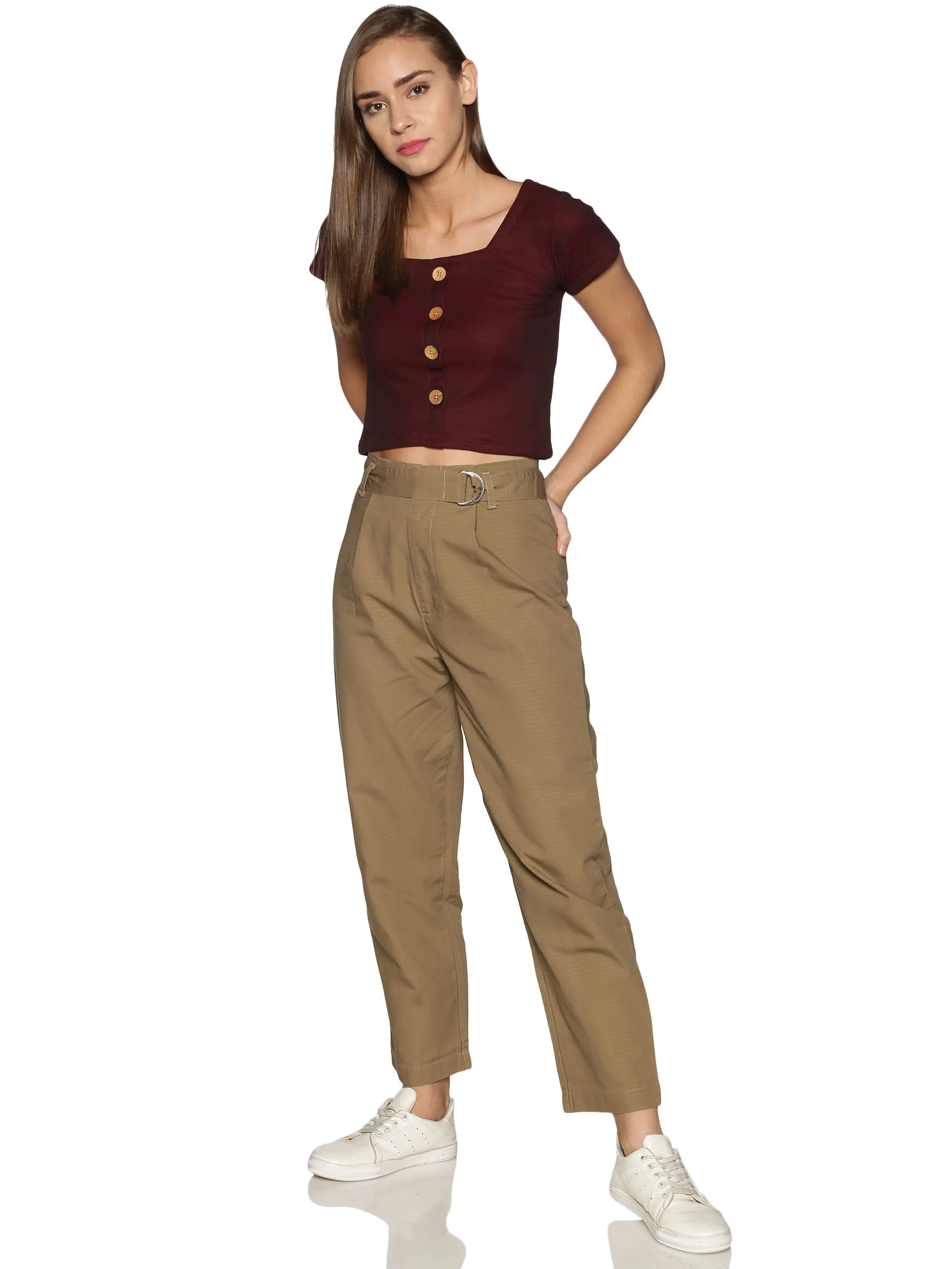 Khaki High Waist Cotton Pants