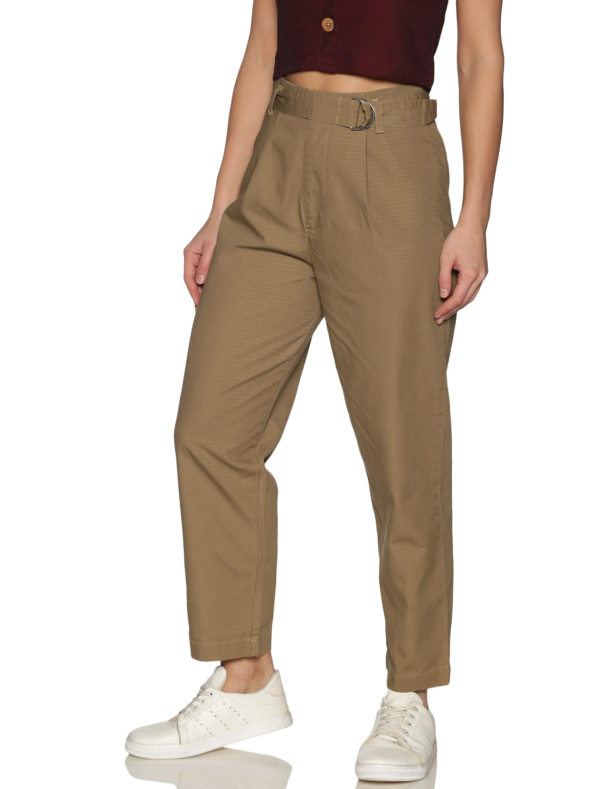 Khaki High Waist Cotton Pants