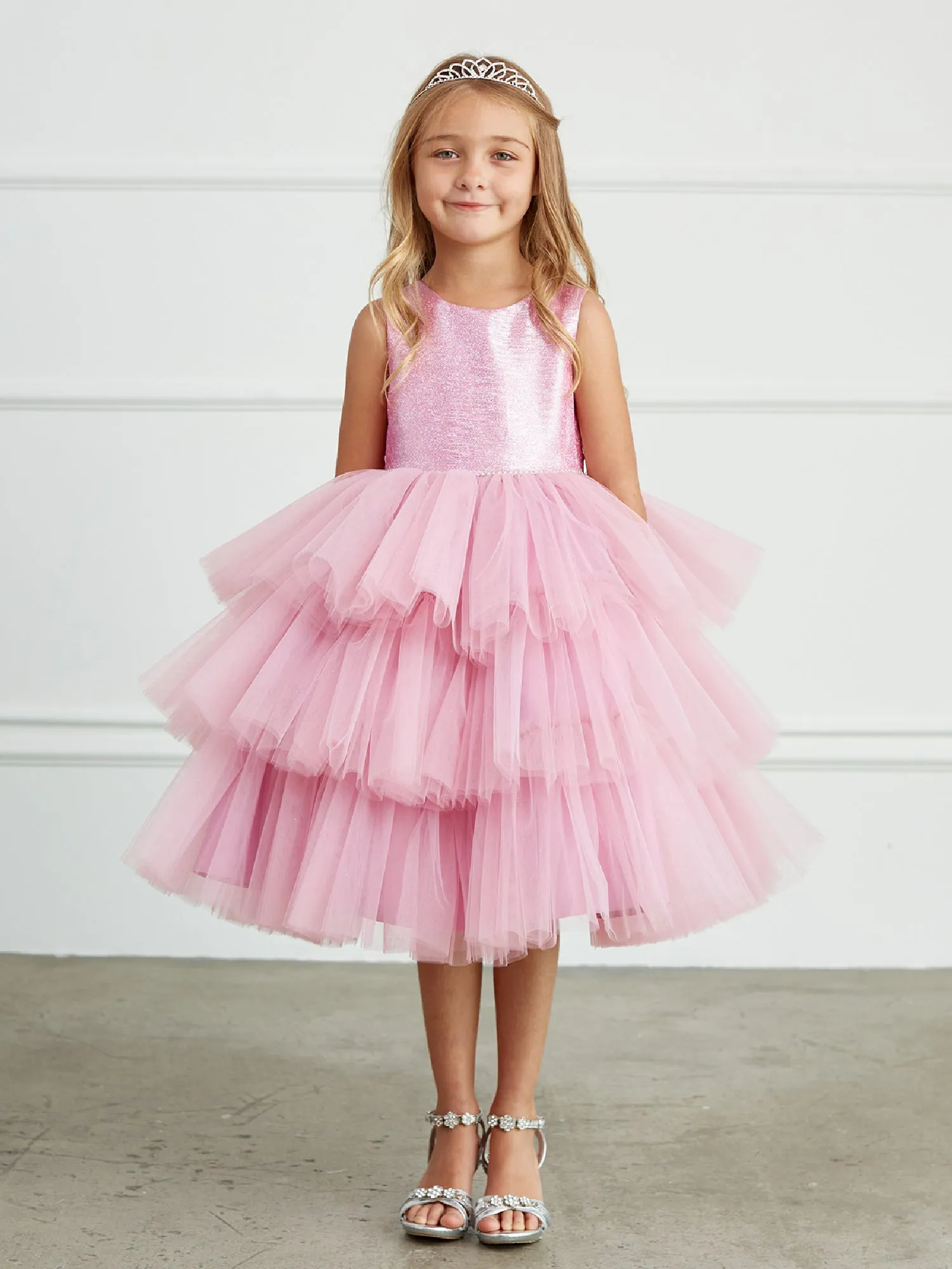 Little Girls Violet Metallic Glitter Layered Tulle Flower Girl Dress 2-6