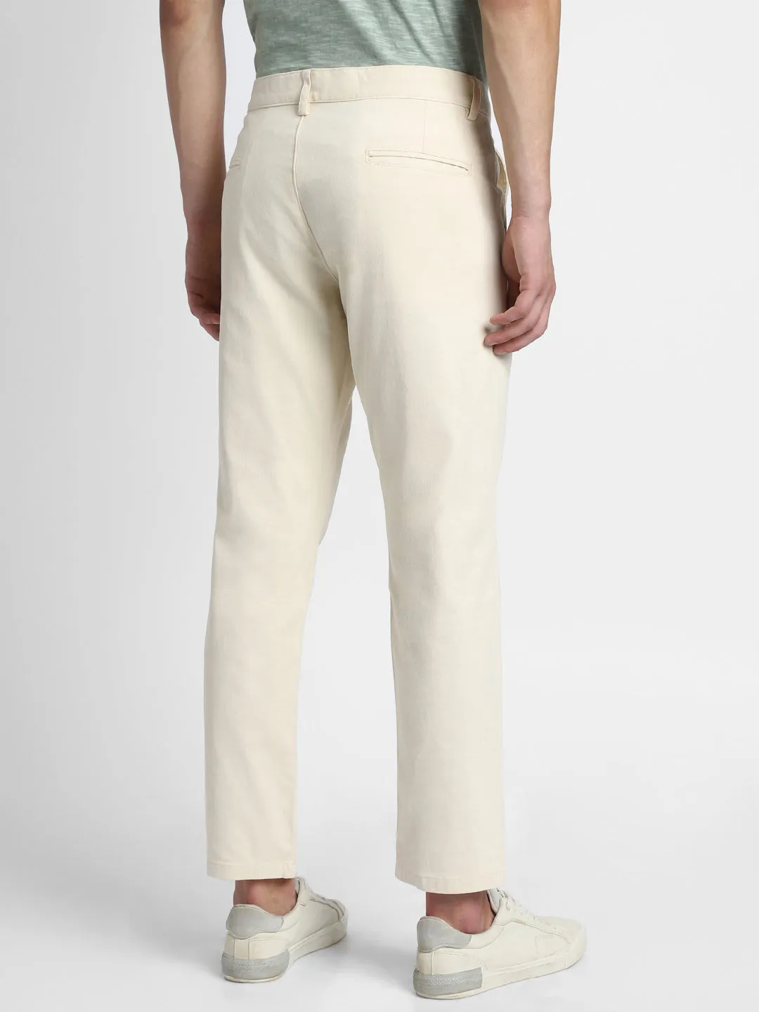 Men's Cream Solid Casual Trousers
