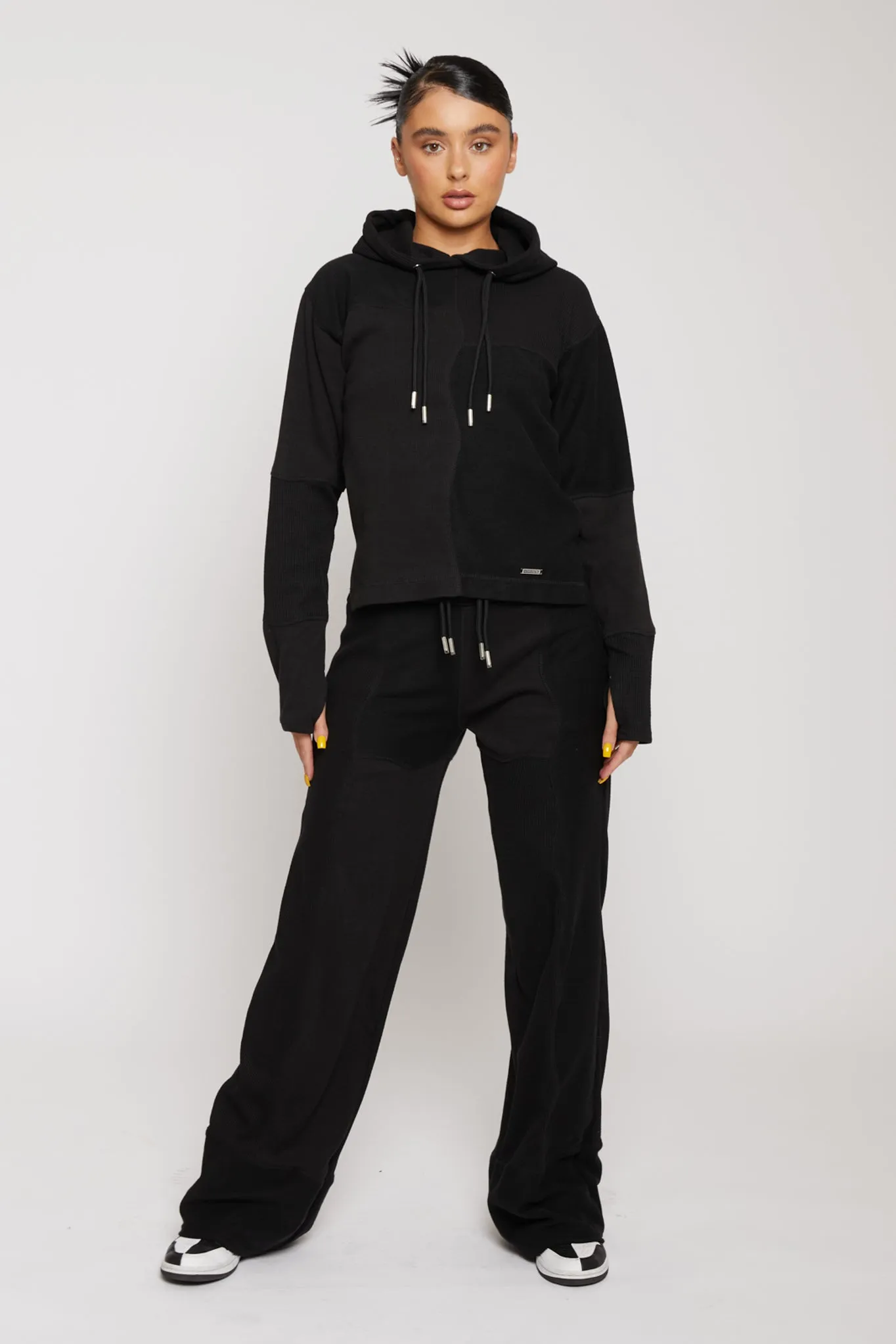 MIXED WIDE LEG JOGGERS - BLACK