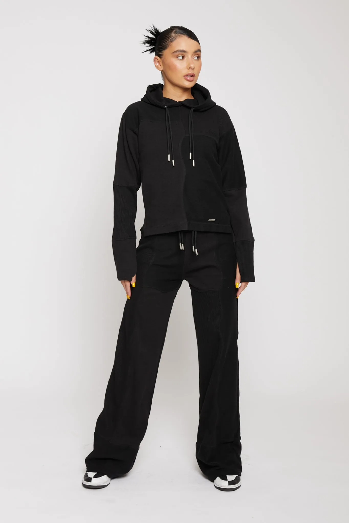 MIXED WIDE LEG JOGGERS - BLACK