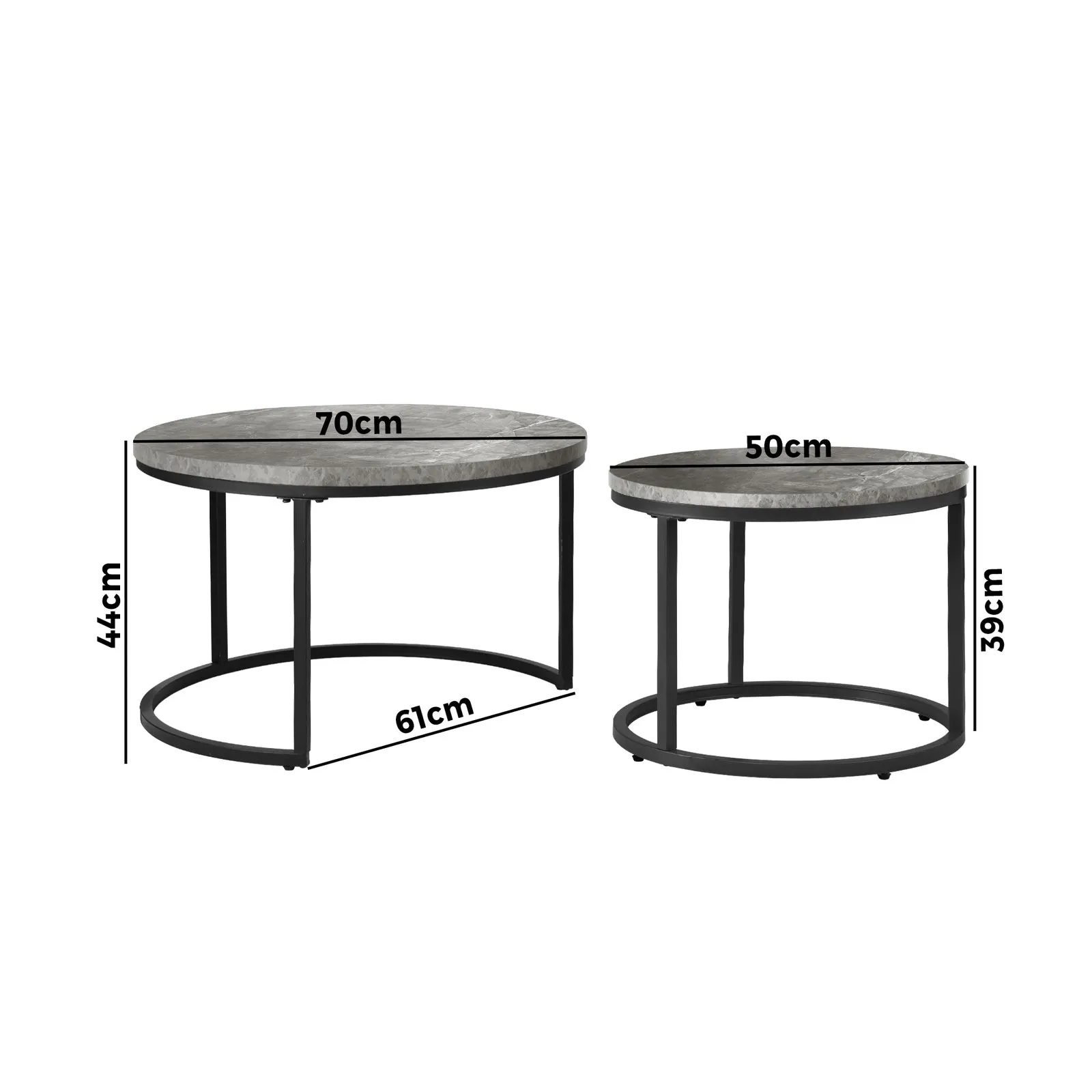 Oikiture Set of 2 Coffee Table Round Marble Nesting Side End Table Grey & Black