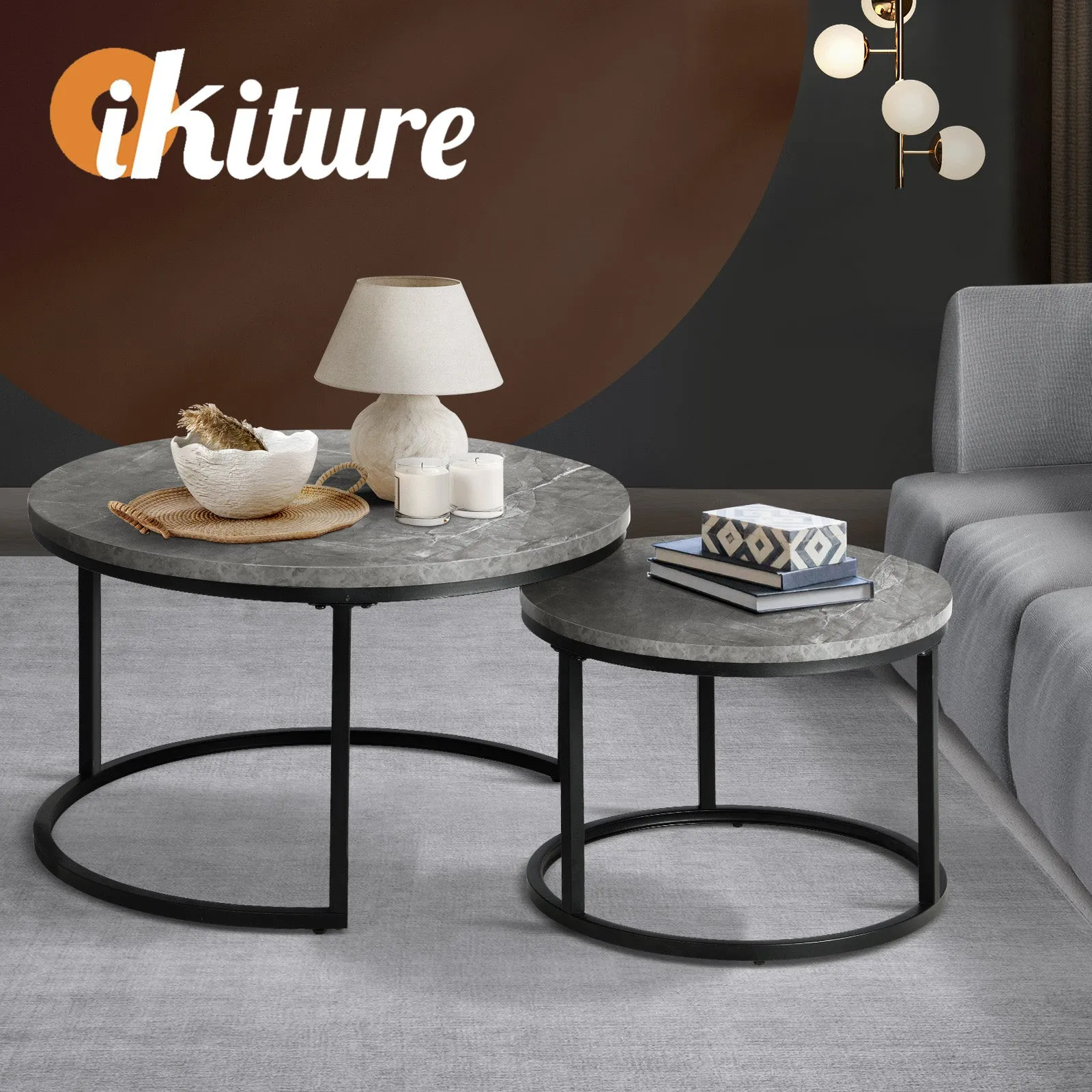 Oikiture Set of 2 Coffee Table Round Marble Nesting Side End Table Grey & Black