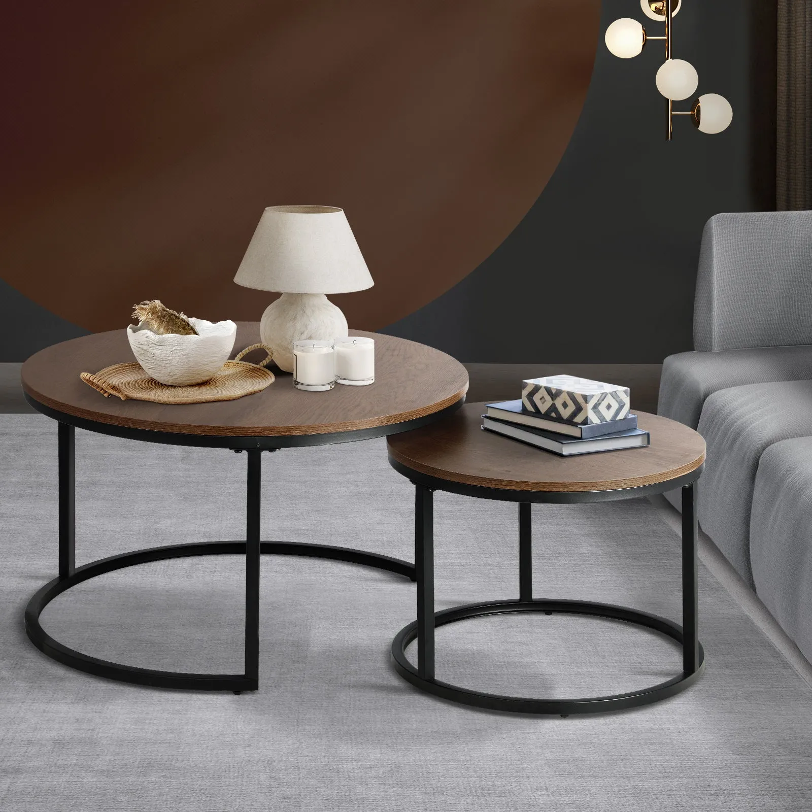 Oikiture Set of 2 Coffee Table Round Nesting Side End Table Walnut & Black