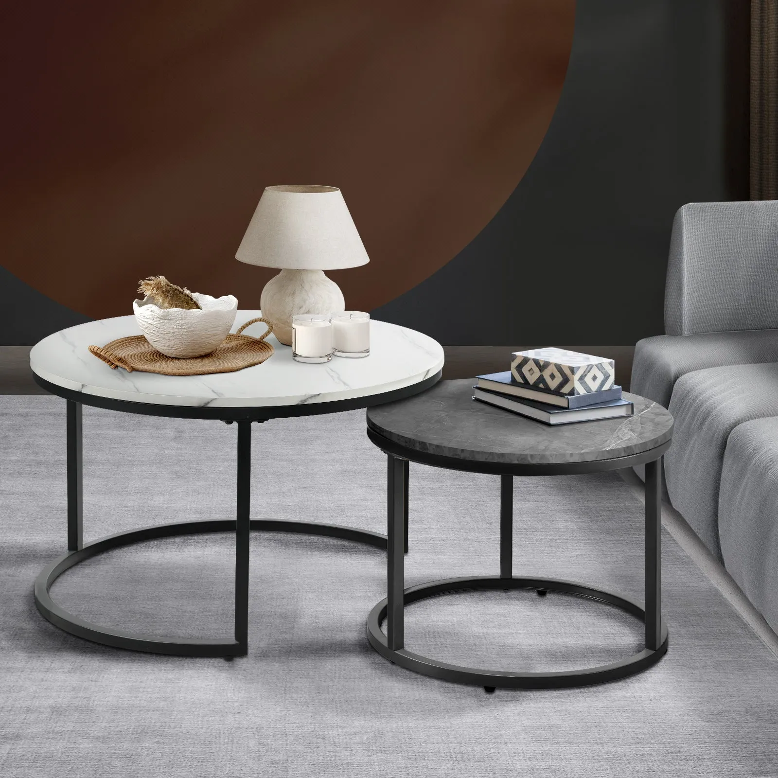Oikiture Set of 2 Coffee Table Round Nesting Side End Table White & Grey
