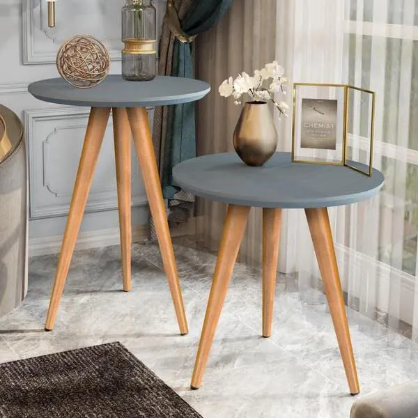 OXMIC Nesting Round End Table Set of 2 Coffee Table Modern Minimalist Sofa Side Table for Living Room, Bedroom, Balcony,Home & Office,Wooden Stool for Multipurpose Use, (Grey)
