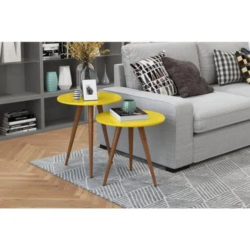 OXMIC Round Side Table Set of 2, Modern Bed Side Table, Nesting Table Set for Living Room Minimalist Coffee Table for Bedroom, Balcony and for Tea and Coffee Serve (Yellow)