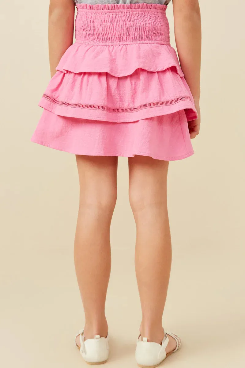 Pink Crochet Trimmed Smocked Layered Skirt