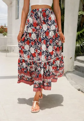 Red & White Roses Midi Hippie Skirt