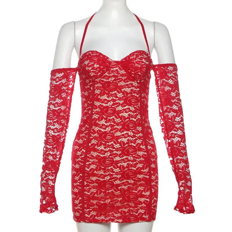 Red Lace Off-shoulder Bodycon Mini Dress
