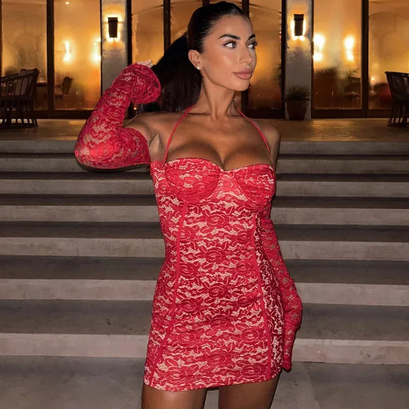 Red Lace Off-shoulder Bodycon Mini Dress