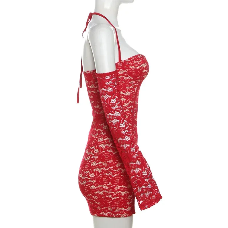 Red Lace Off-shoulder Bodycon Mini Dress