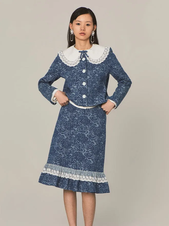 Rose Flower Mermaid Lace Middle Denim-Skirt