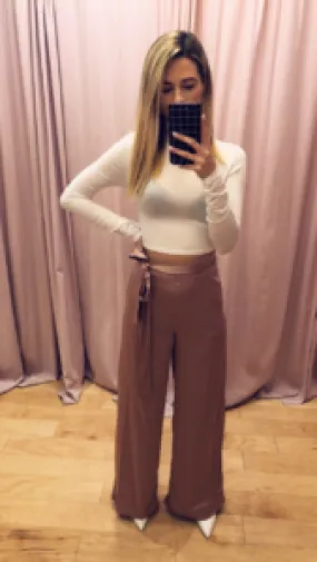 Satin Tie High Waist Wide Leg Pants