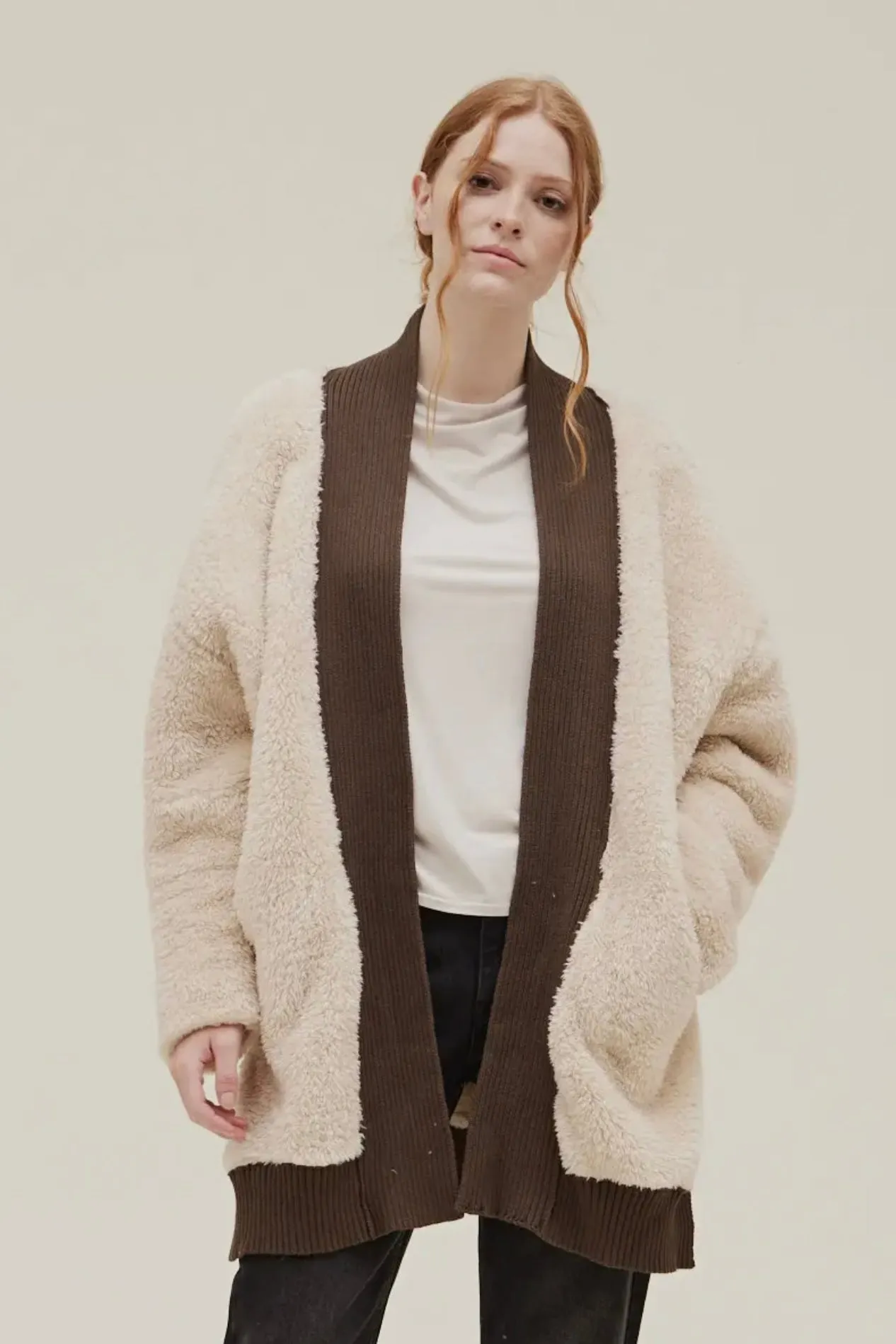 Sherpa Cardi W/Contrast Rib Border
