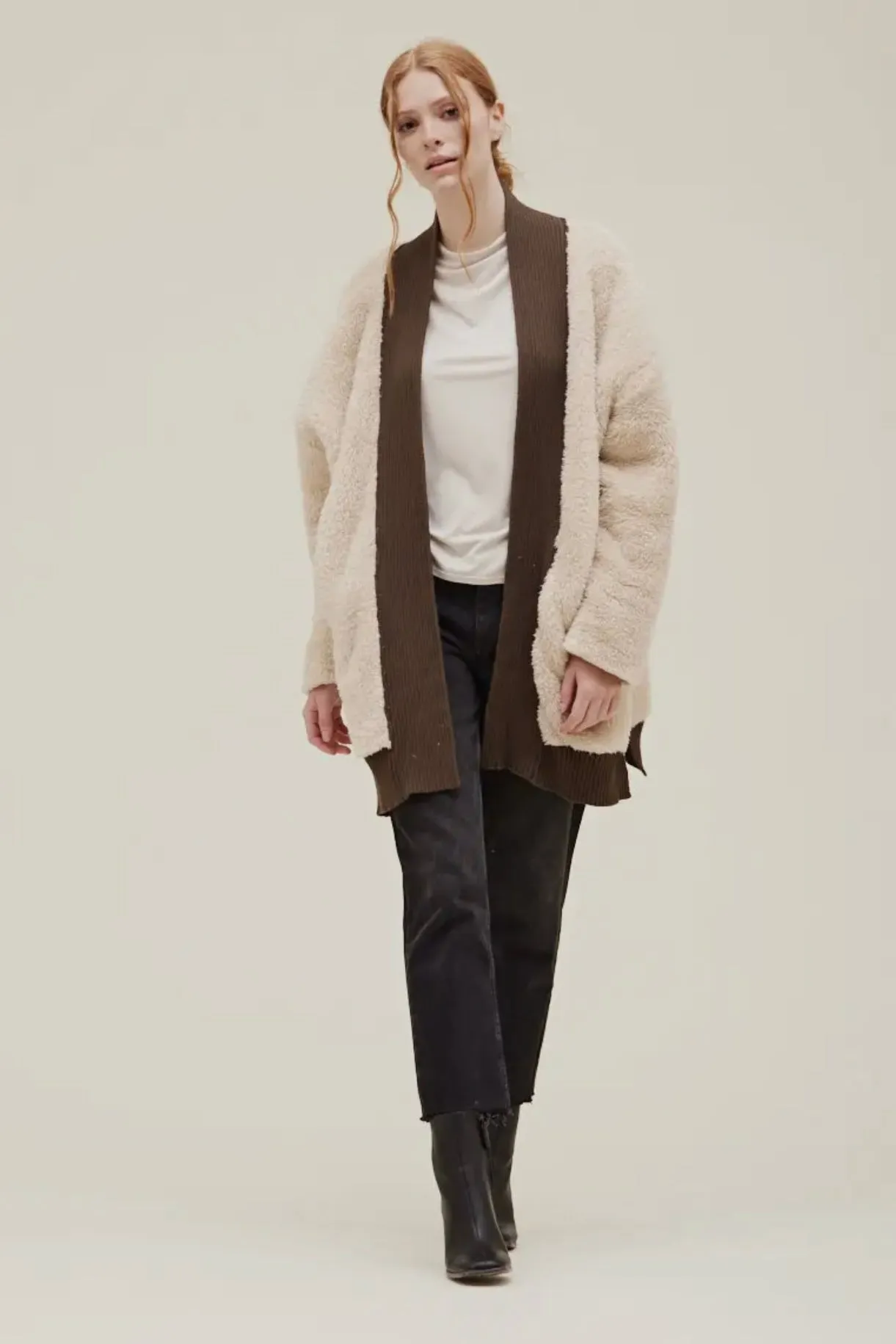 Sherpa Cardi W/Contrast Rib Border
