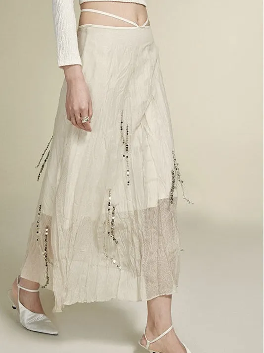 Silver Chain Decoration Sheer Wrinkled Skirt
