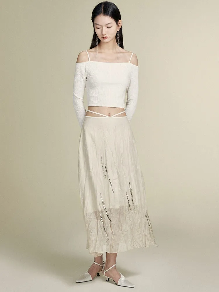Silver Chain Decoration Sheer Wrinkled Skirt