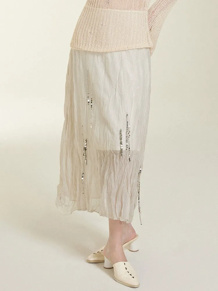 Silver Chain Decoration Sheer Wrinkled Skirt