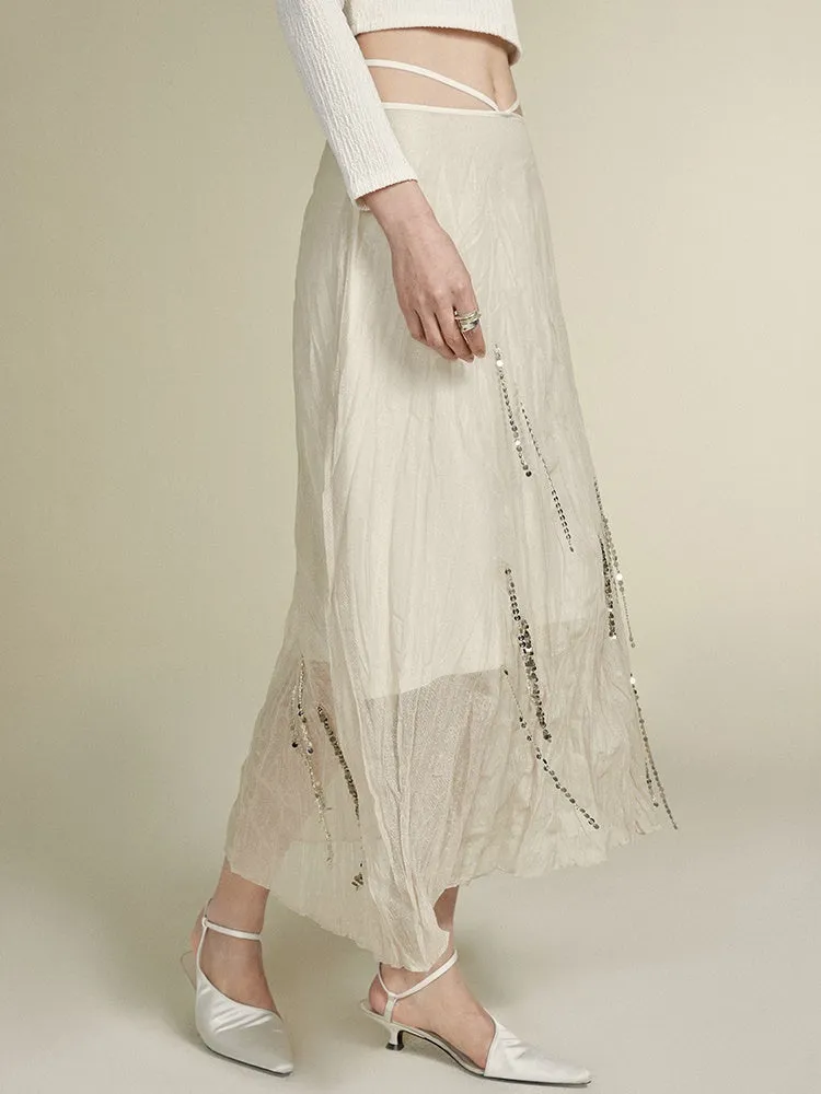 Silver Chain Decoration Sheer Wrinkled Skirt
