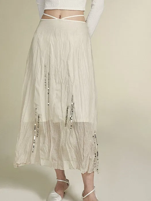Silver Chain Decoration Sheer Wrinkled Skirt