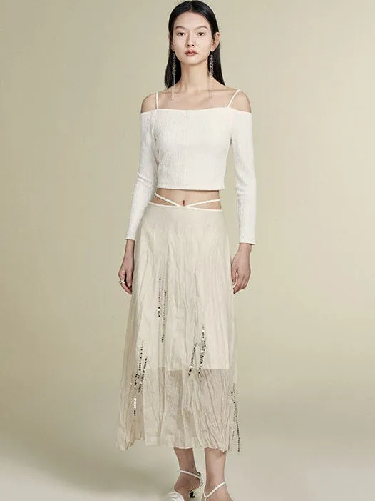 Silver Chain Decoration Sheer Wrinkled Skirt