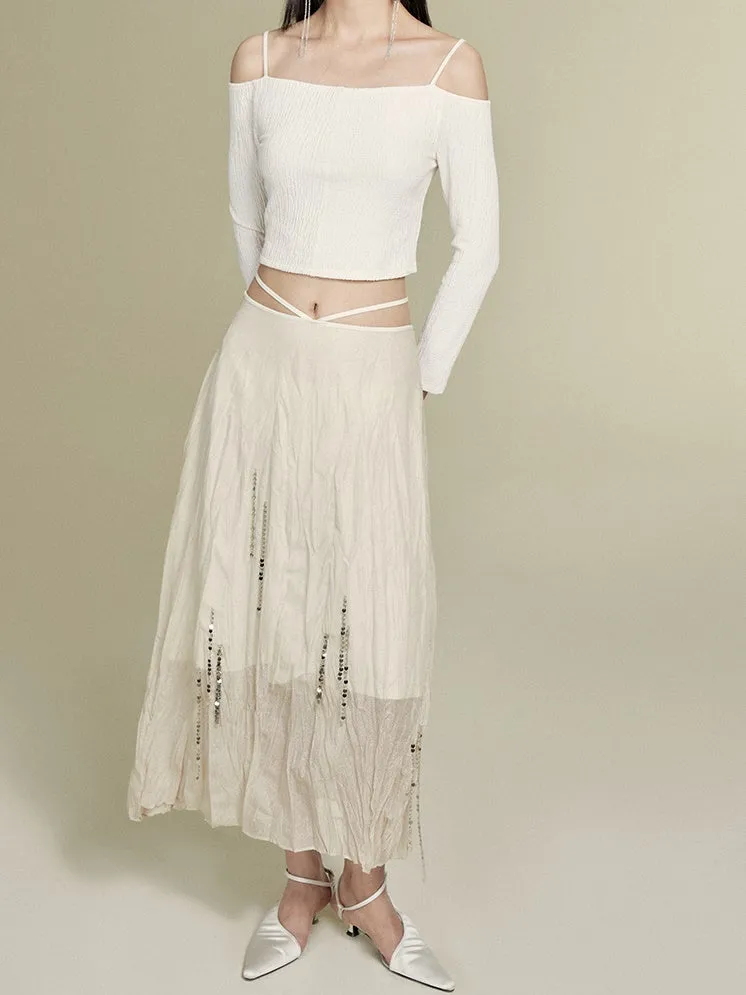Silver Chain Decoration Sheer Wrinkled Skirt
