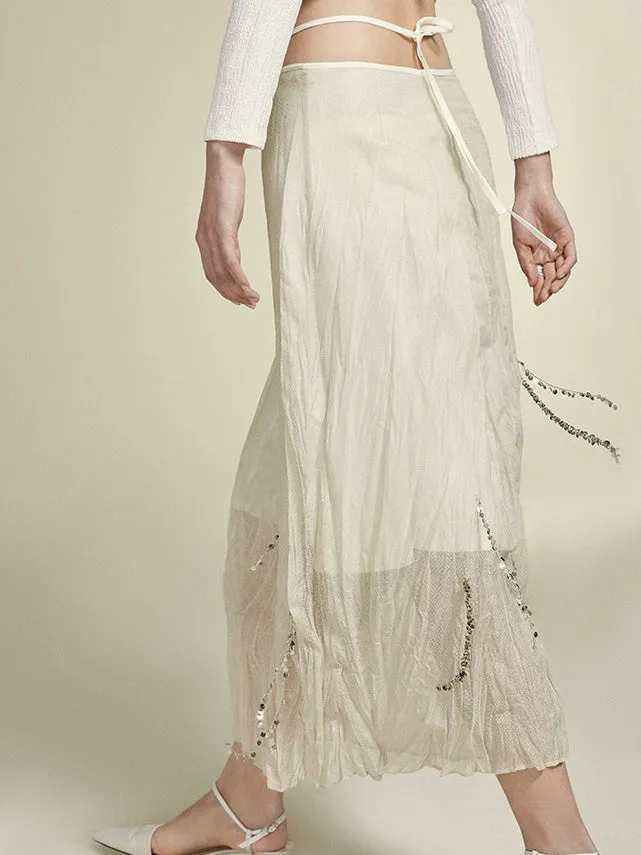 Silver Chain Decoration Sheer Wrinkled Skirt