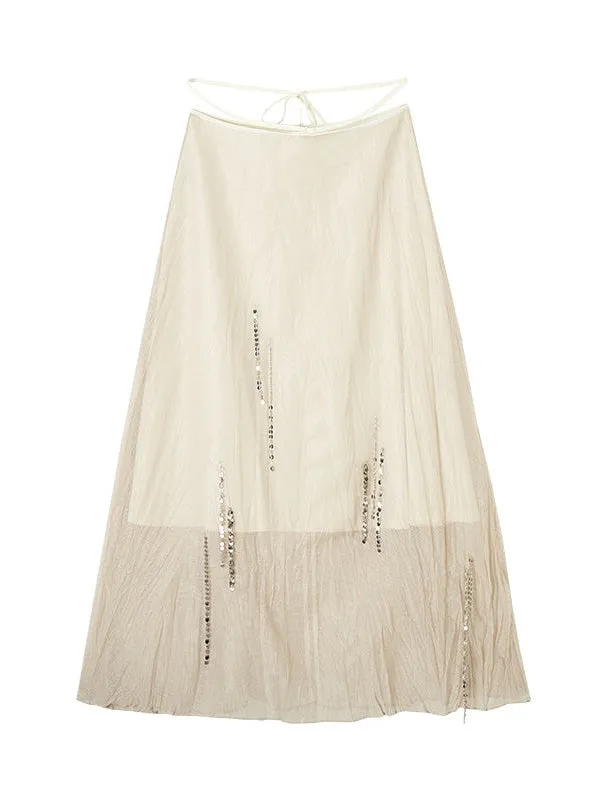 Silver Chain Decoration Sheer Wrinkled Skirt
