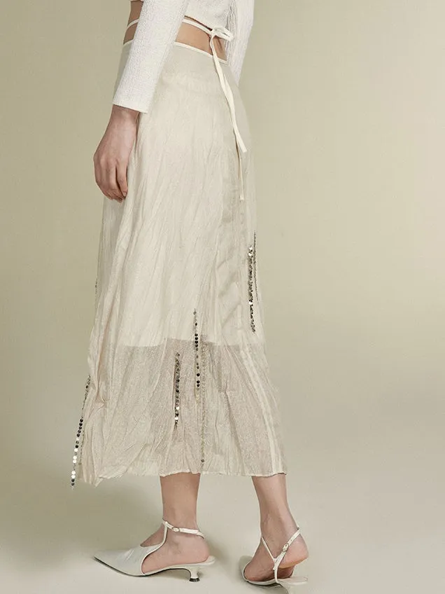 Silver Chain Decoration Sheer Wrinkled Skirt