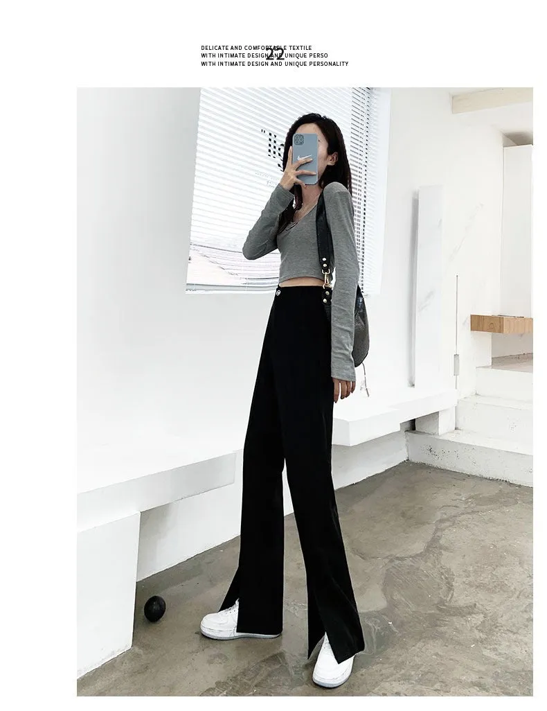 Splitted Suit Pants Women High Waist Slim Look Straight Loose Thin Drape Black Casual Pants