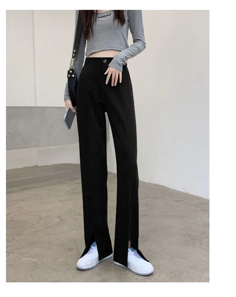 Splitted Suit Pants Women High Waist Slim Look Straight Loose Thin Drape Black Casual Pants