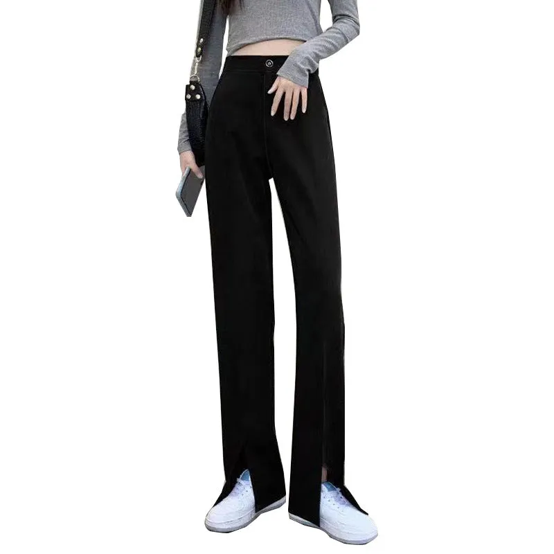 Splitted Suit Pants Women High Waist Slim Look Straight Loose Thin Drape Black Casual Pants