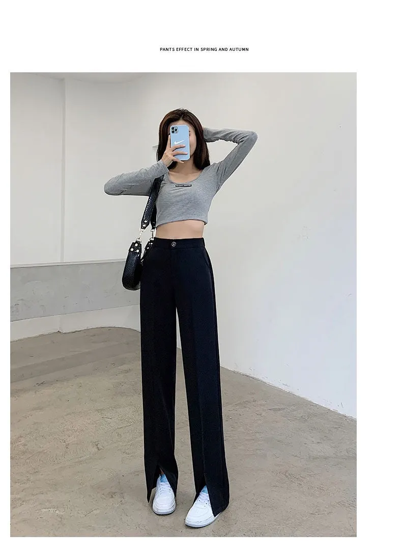 Splitted Suit Pants Women High Waist Slim Look Straight Loose Thin Drape Black Casual Pants